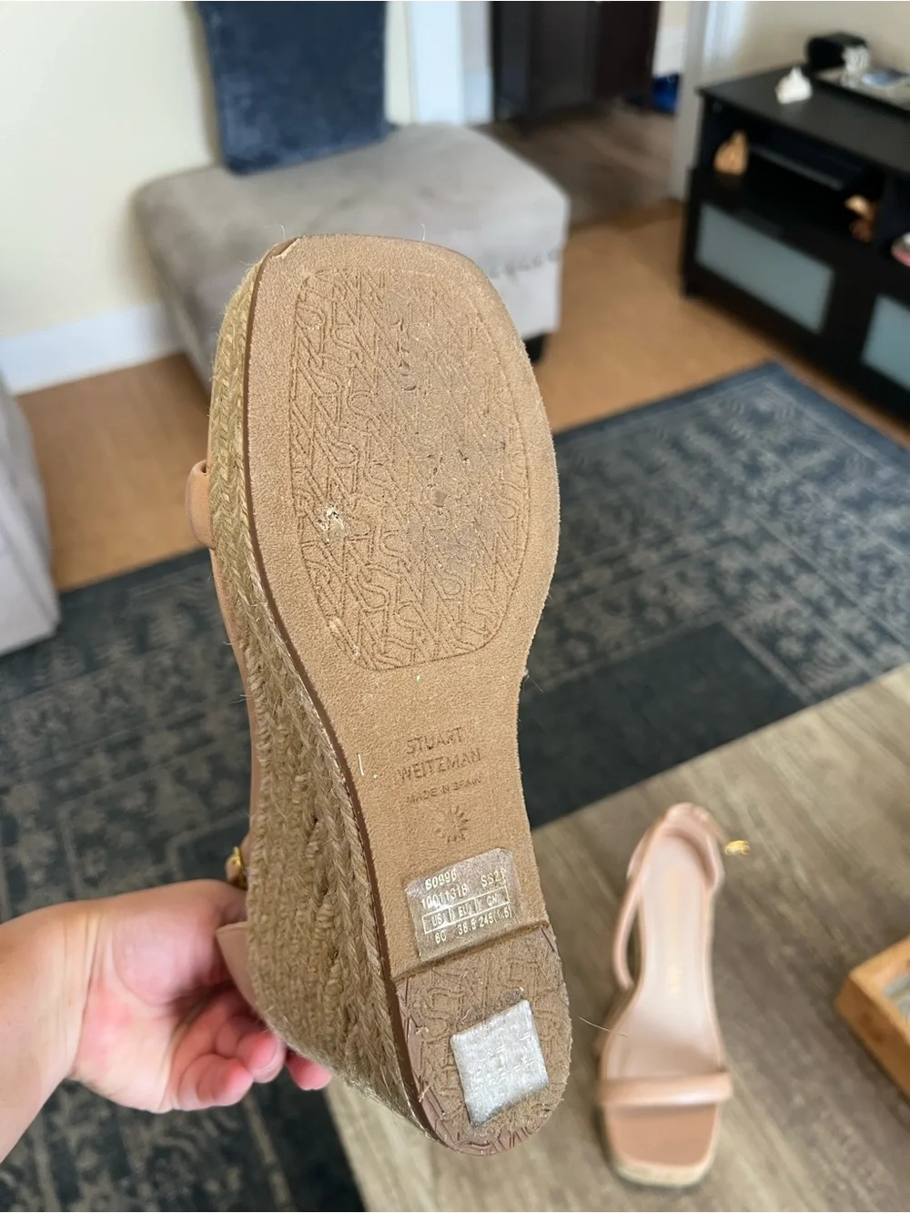 Stuart Weitzman Beige Ankle-Strap Espadrille Wedge Sandals